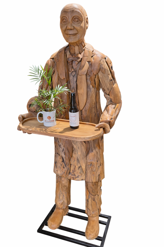 Teakhouten Butler Beeld met Dienblad – 200 x 80 x 80 cm