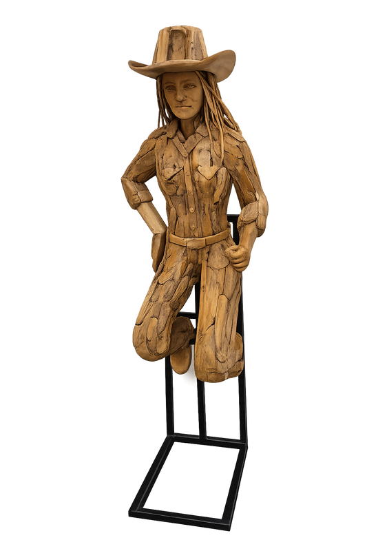 Teakhouten Cowboy Vrouw Beeld – Levensgroot Decorbeeld 220 cm