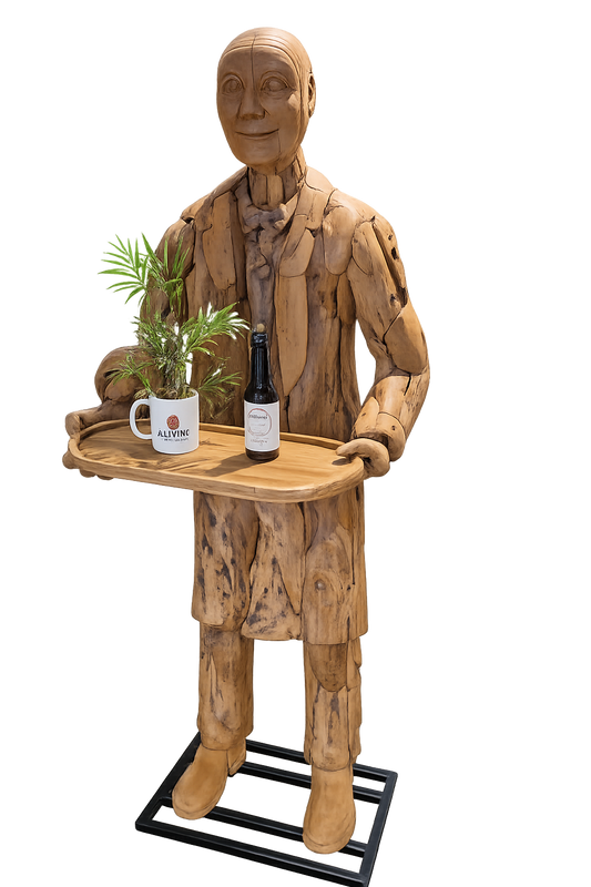 Teakhouten Butler Beeld met Dienblad – 200 x 80 x 80 cm
